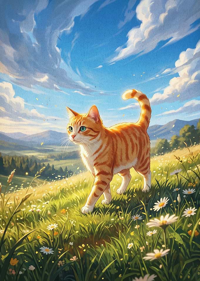 Tabby Cat Meadow Landscape Art