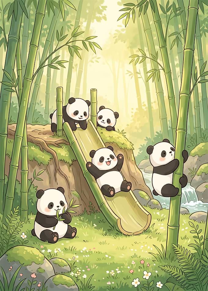 Cute Pandas Playing in Bamboo Forest