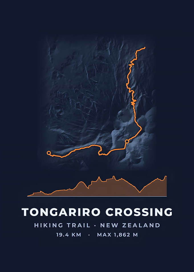Tongariro Crossing Hiking Trail Map Midnight Blue Print