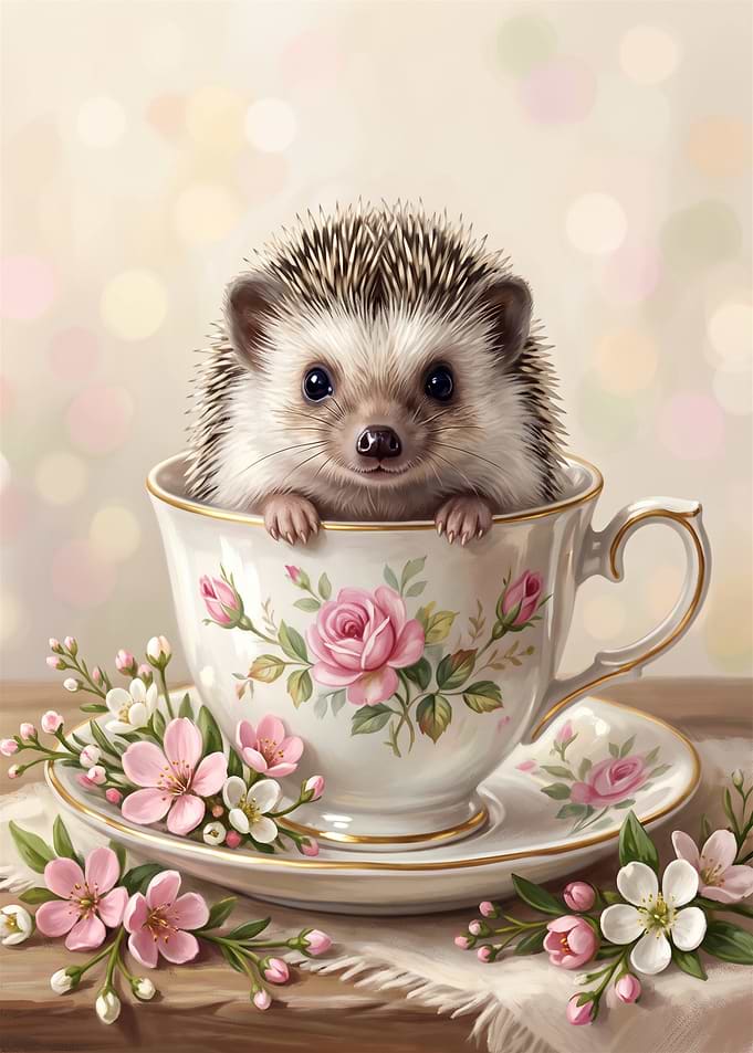 Cute Hedgehog in Floral Teacup