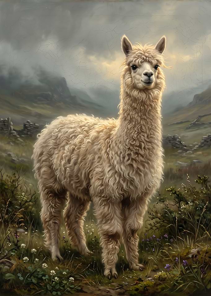 Oil Painting of a Fluffy Alpaca