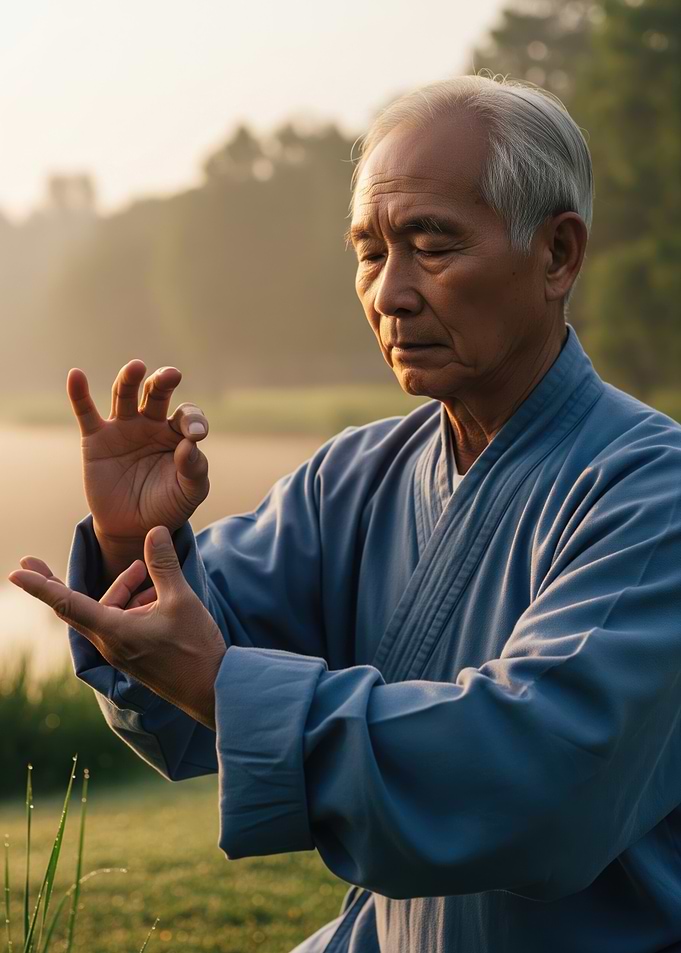 Elderly Man Practicing Tai Chi Outdoors
