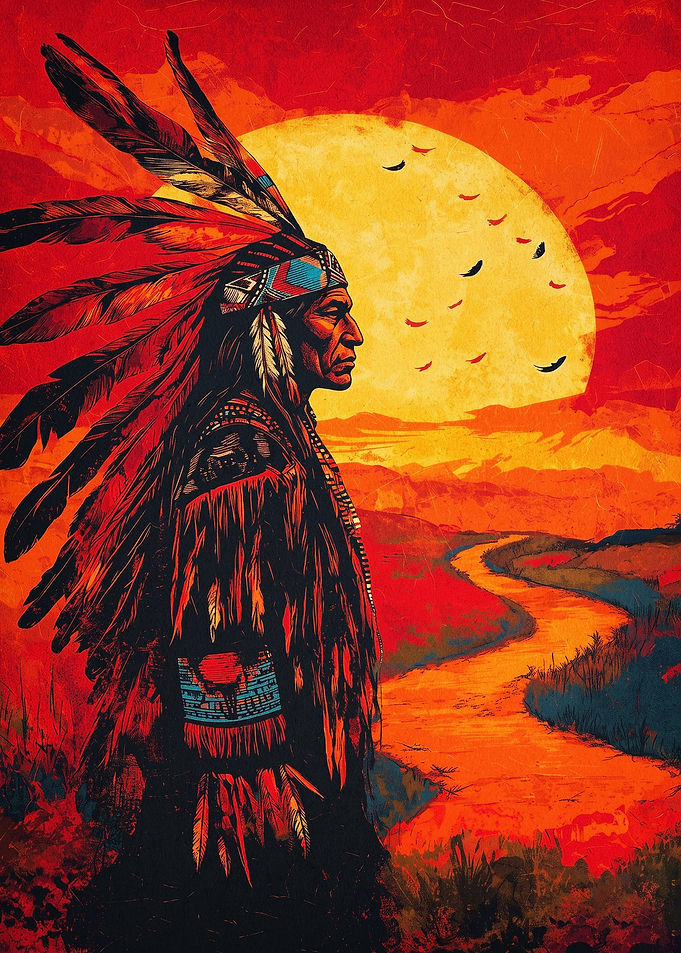 Native Chief Sunset Art Poster