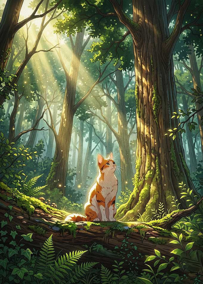 Cat Forest Sunbeams Fantasy Art