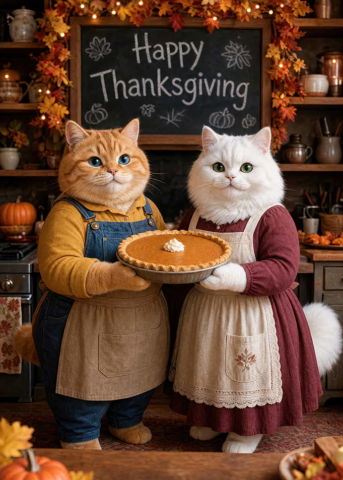 Two Cats Holding Thanksgiving Pie