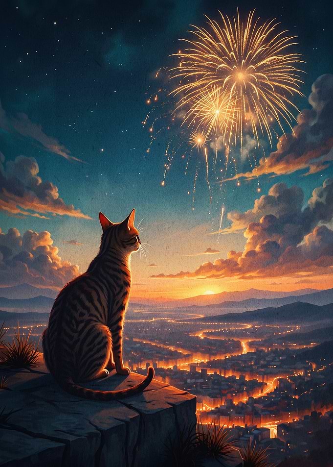 Cat Fireworks Night Sky Art Poster