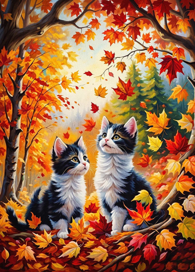 Autumn Cats Fall Foliage Art