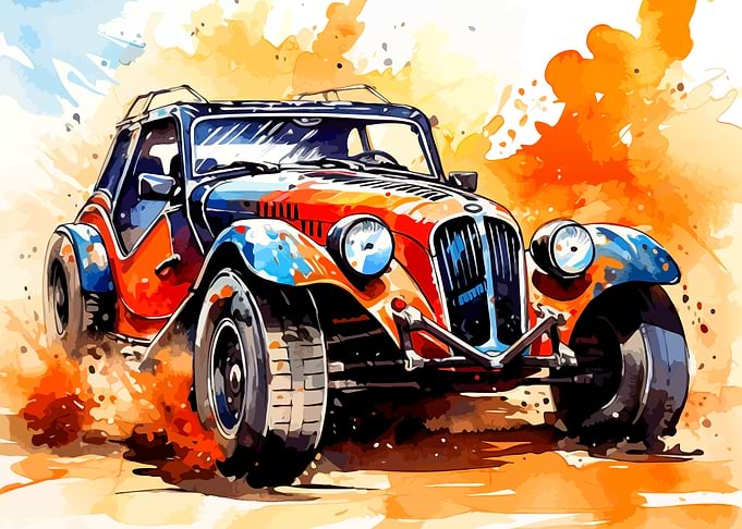 Watercolor Vintage Off-Road Car