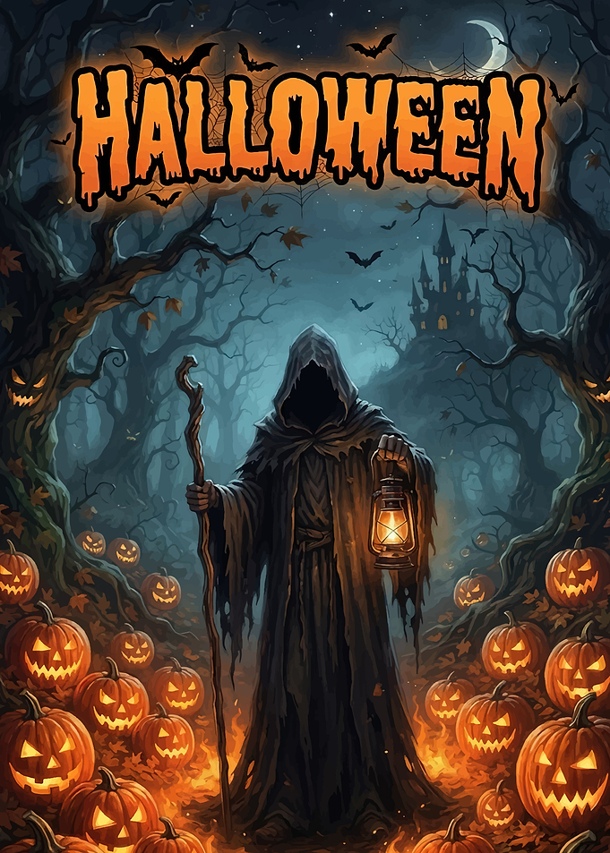 Halloween Grim Reaper with Jack-o'-lanterns