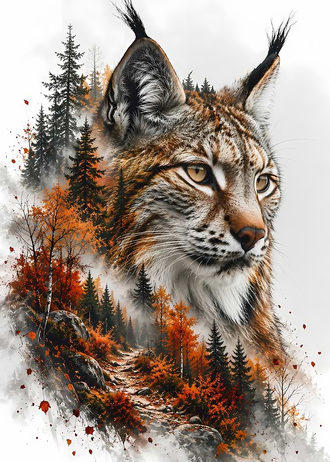 Double Exposure Lynx Forest Portrait