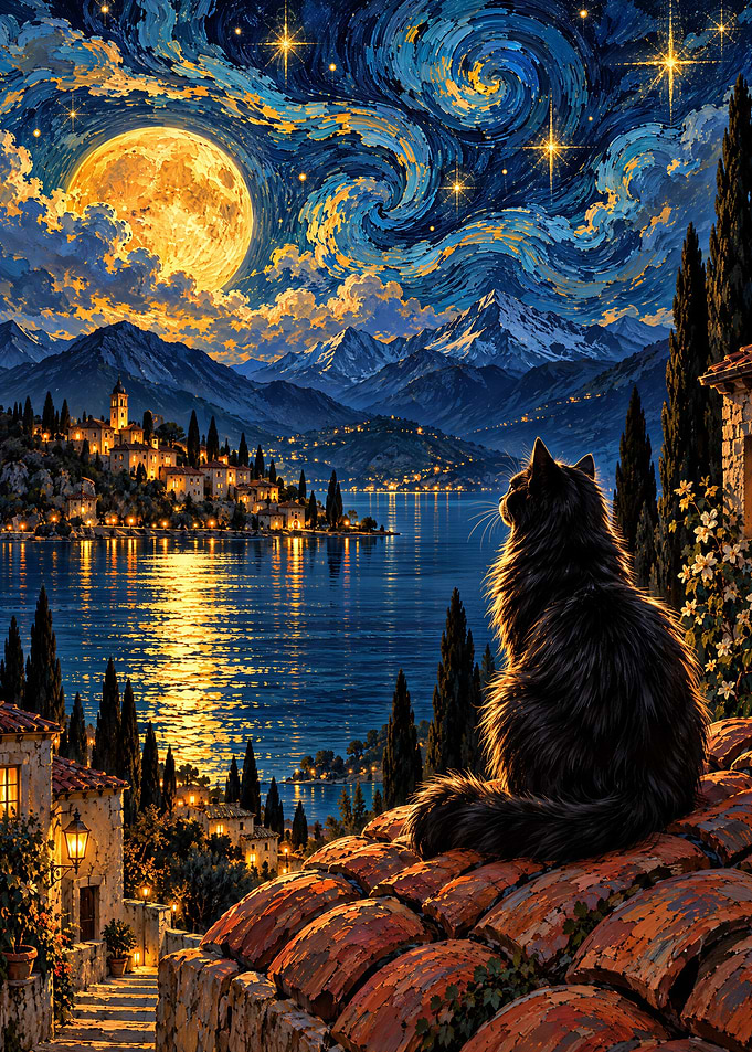 Black Cat Watching Starry Night Lake