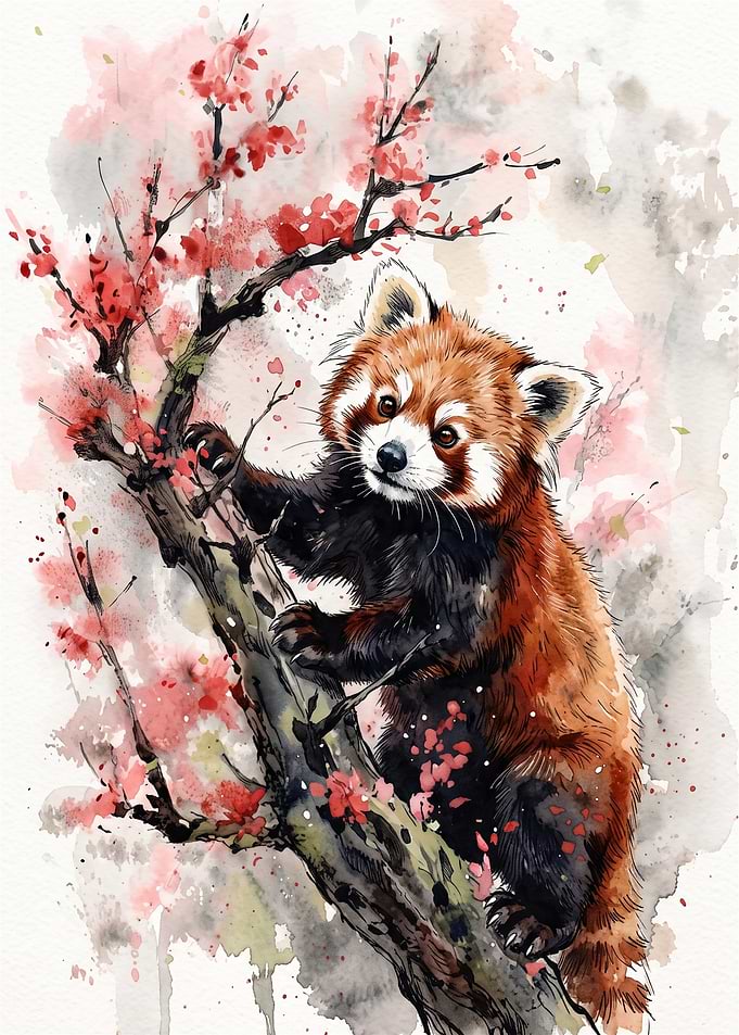 Red Panda in Cherry Blossom Tree