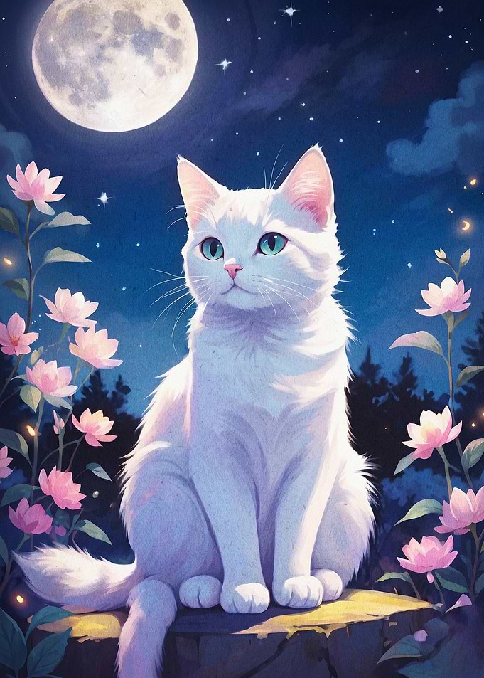 White Cat Moon Night Floral Poster