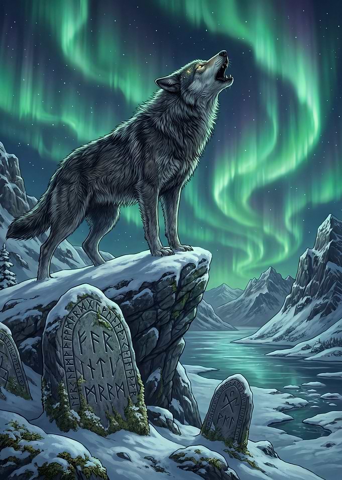 Wolf Howling Under Northern Lights