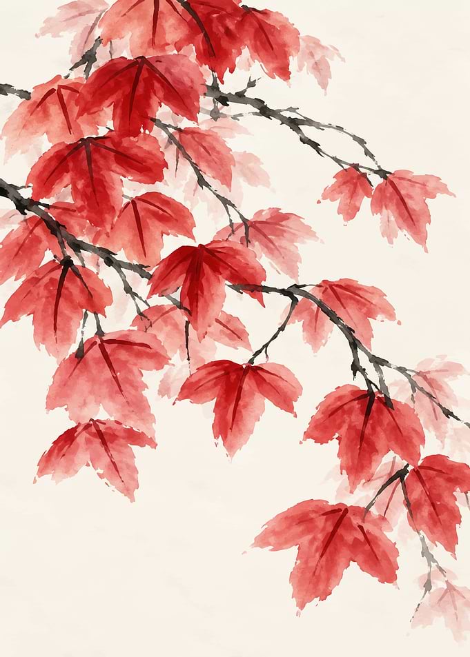 Watercolor Red Maple Leaves Branch