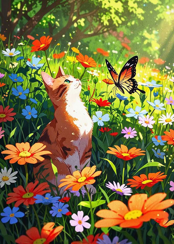 Cat Butterfly Summer Meadow Art
