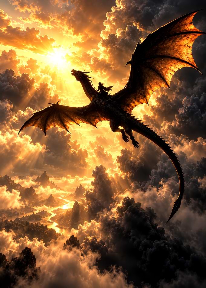 Dragon Rider Soaring at Sunset