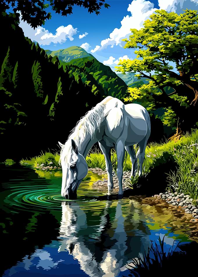 White Horse Drinking at Mountain Stream