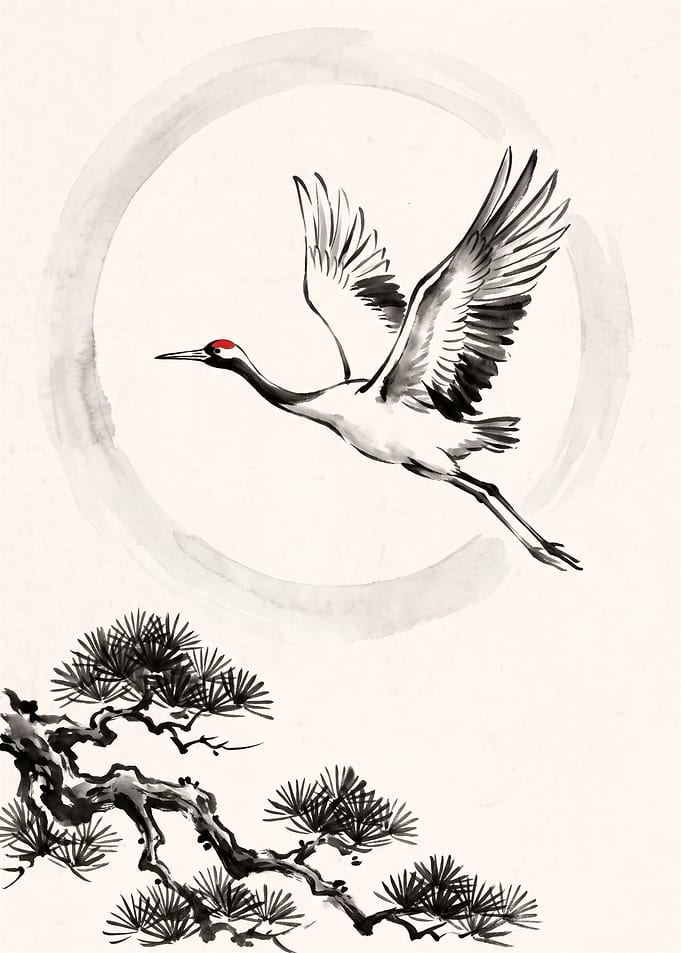 Japanese Ink Wash Crane Painting