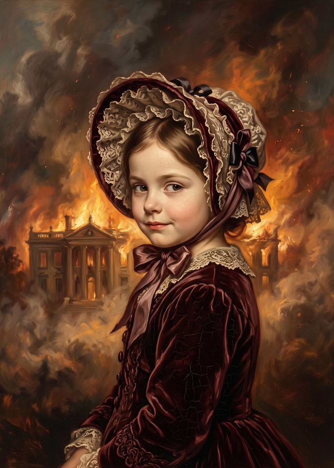 Victorian Girl Before Burning Mansion