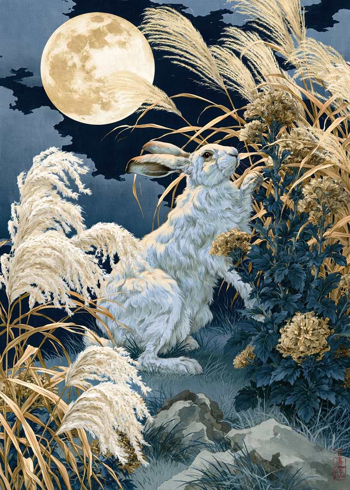 Moon Rabbit in Autumn Grass