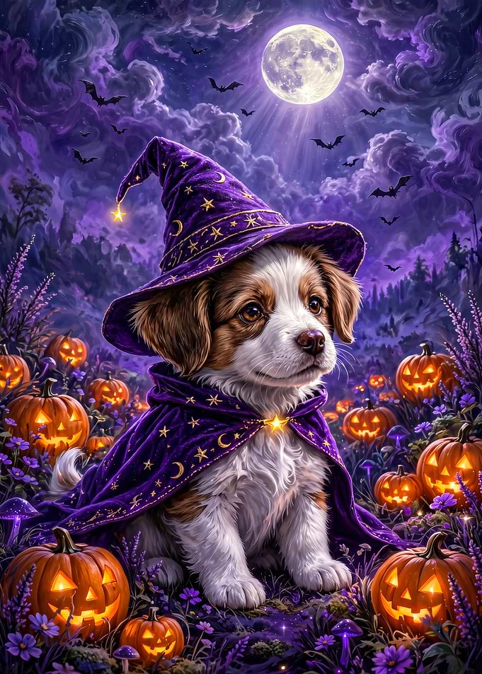 Cute Puppy Wizard in Pumpkin Patch