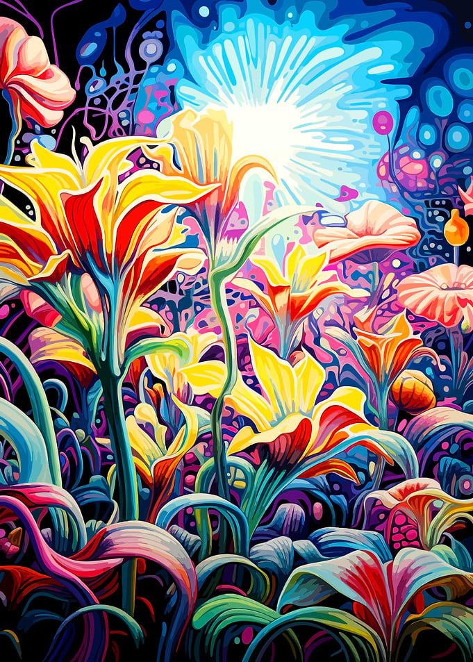 Vibrant Psychedelic Floral Garden Illustration