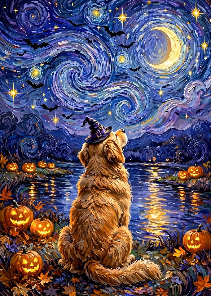 Golden Retriever in Starry Halloween Night