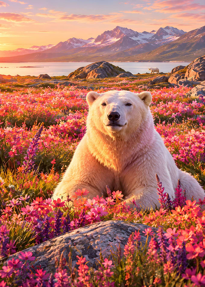 Polar Bear in Vibrant Flower Field