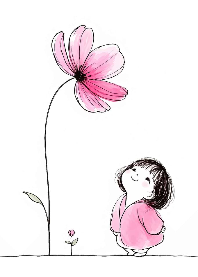 Little Girl Admiring a Pink Flower