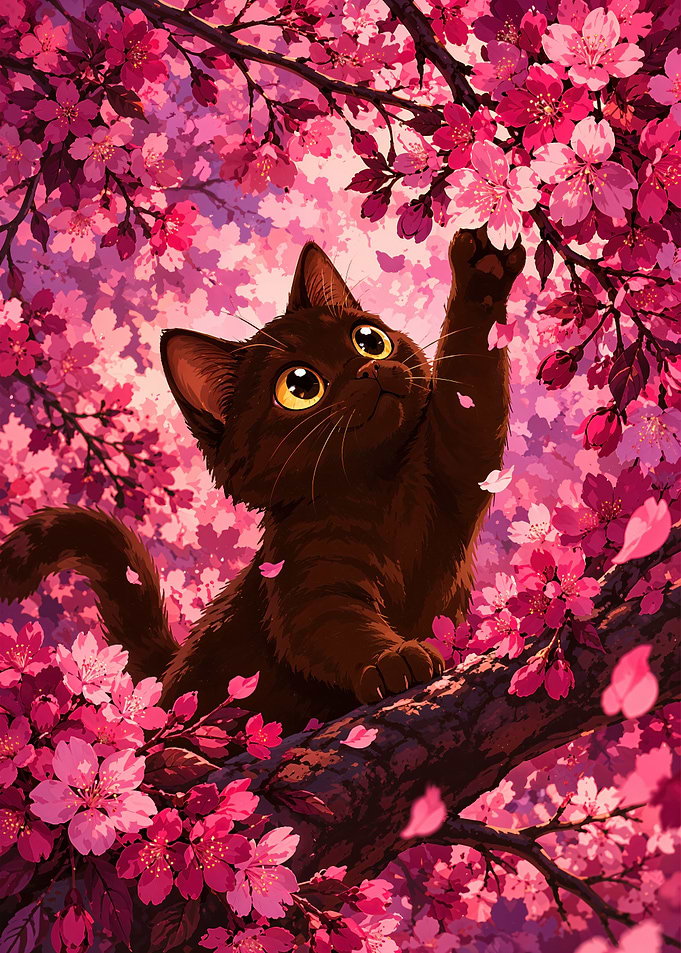 Cute kitten in cherry blossom tree
