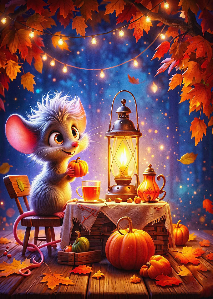 Autumn Mouse Lantern Cozy Fantasy A