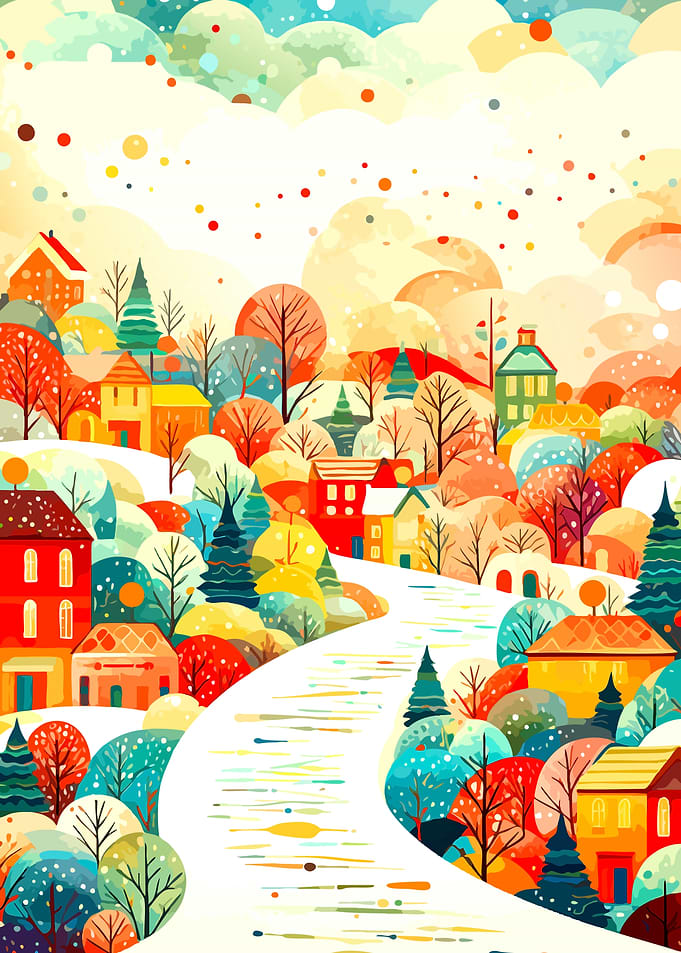 Whimsical Colorful Winter Village Landscape