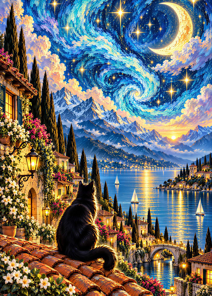 Black Cat Watching Starry Night Landscape