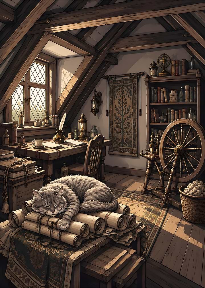 Cozy Cat Sleeping in Attic Study