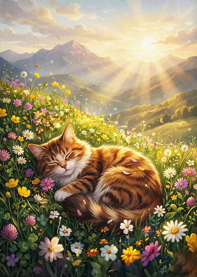 Sleeping Cat Meadow Sunrise Art