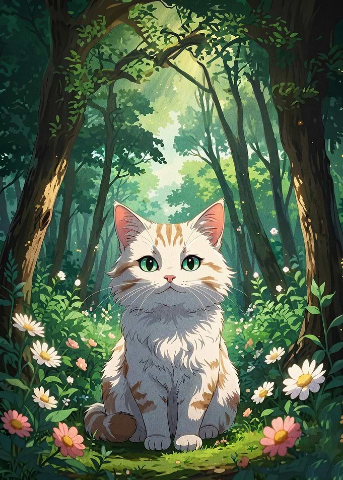 Cat Forest Nature Anime Art