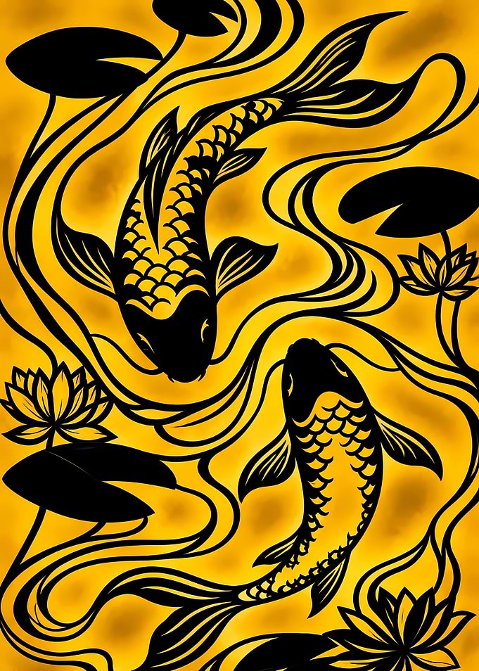 Black Koi Fish and Lotus Art