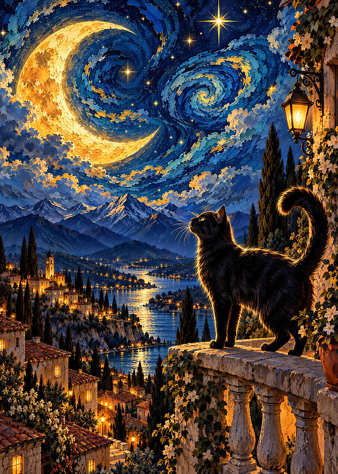 Black Cat Watching Starry Night
