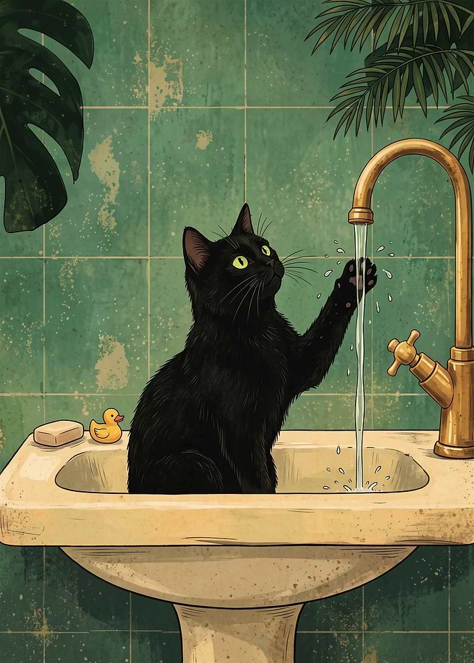 Black Cat Playing in Bathroom Sink