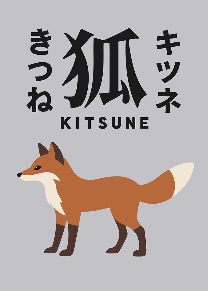 Standing Red Fox Kanji Poster on Soft Gray — Hiragana, Katakana & Romaji Word Art