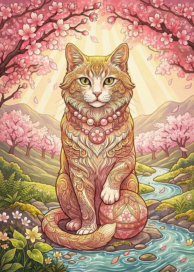 Cherry Blossom Cat Japanese Art