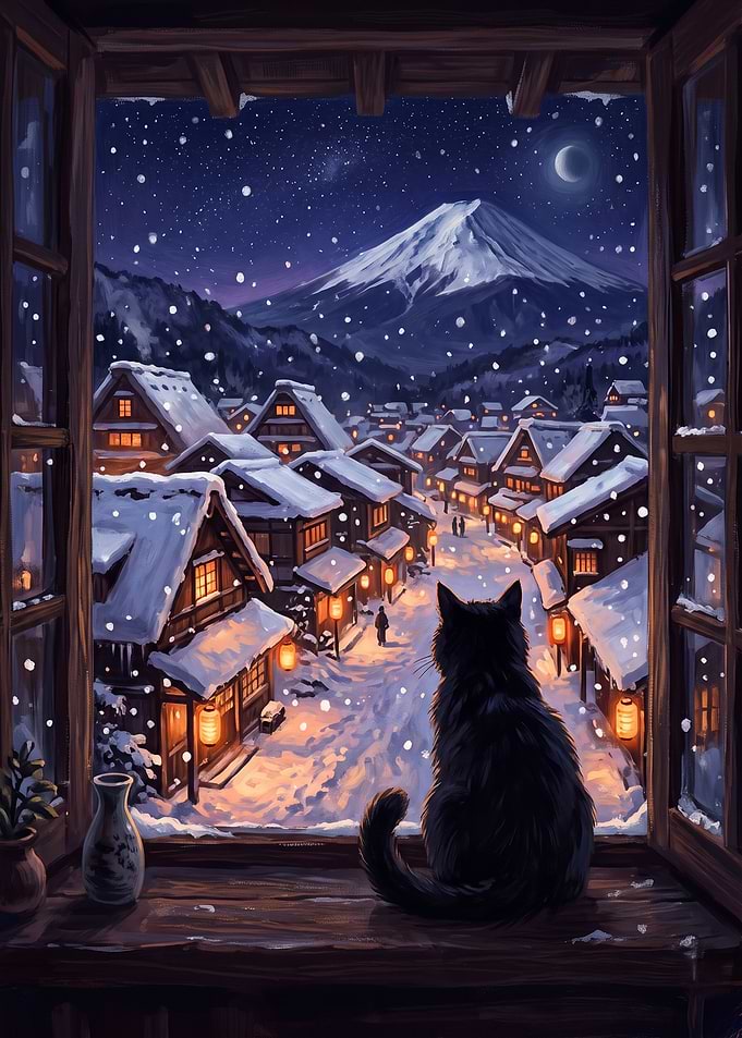 Black Cat Watching Snowy Japanese Village