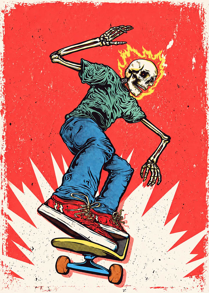 Flaming Skeleton Skateboarder Pop Art