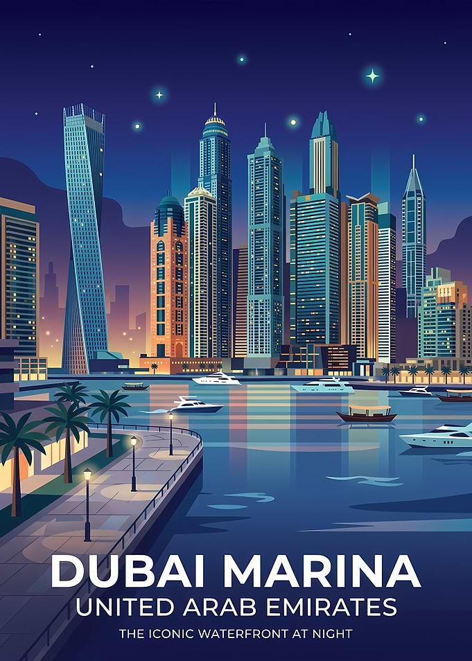 Dubai Marina Night Skyline Poster