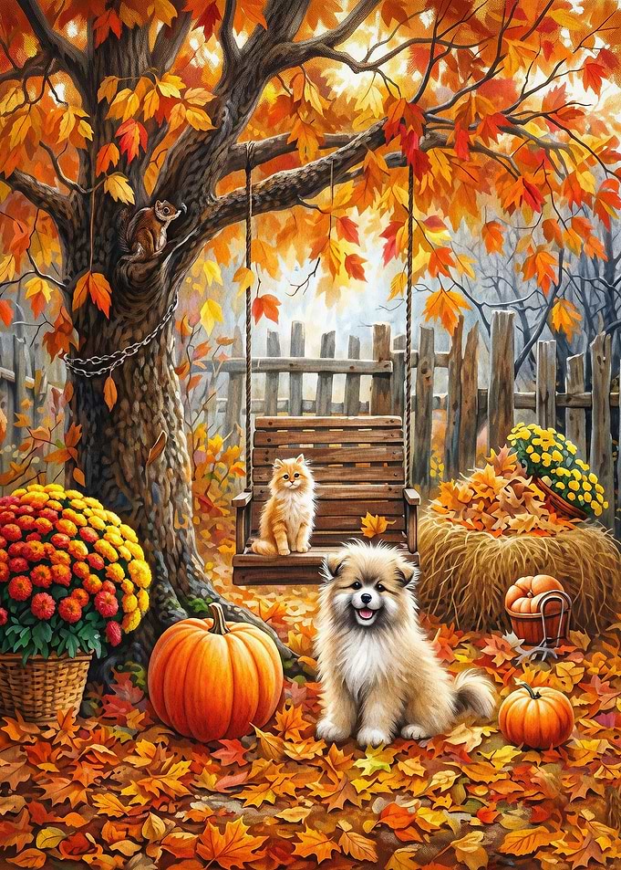 Autumn Dog Cat Tree Swing Art Poste