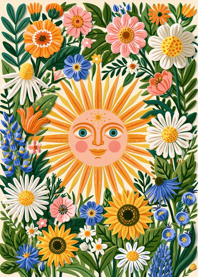 Sun Face Surrounded by Wildflowers