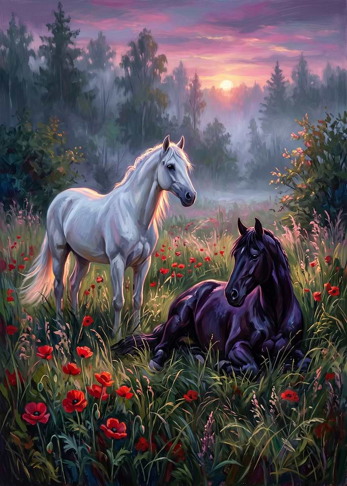 White and Black Horses in Meadow