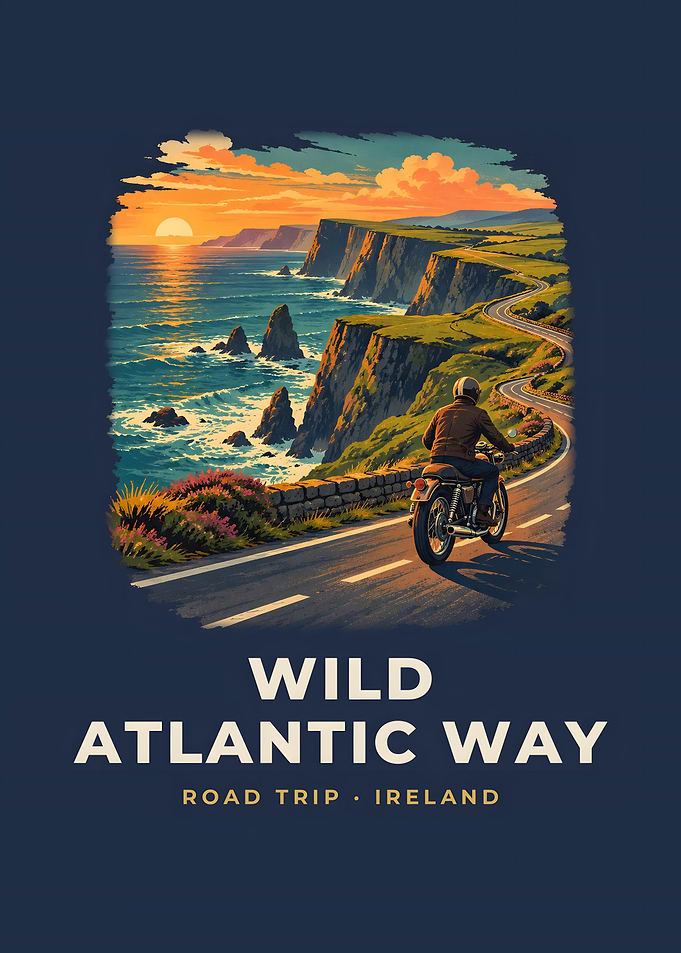 Wild Atlantic Way Vintage Road Trip Poster Cliff Ride