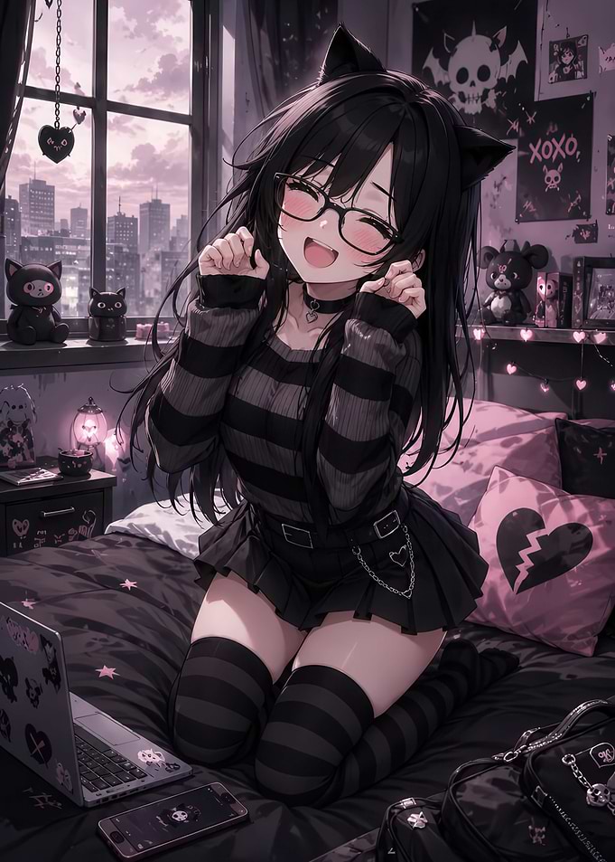 Cute Anime Girl in Gothic Bedroom